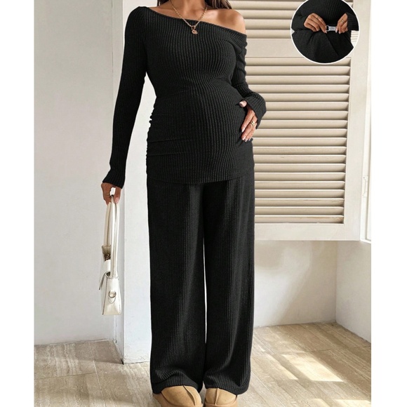 Maternity Wide Scoop Neck Ribbed Long Sleeve Top Wide Leg Pants Set - Picture 2 of 14